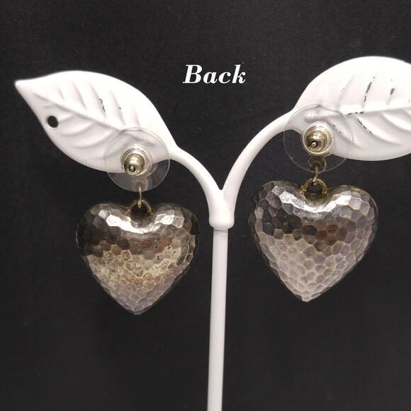 Vintage Hammered Puffy Heart Silver Tone Post Earrings, 1 1/2 Inches - Picture 4 of 7